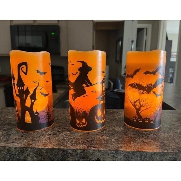 Halloween LED Flameless Pillar Candles Battery Operated with 6 Hour Timer Set - Picture 1 of 1